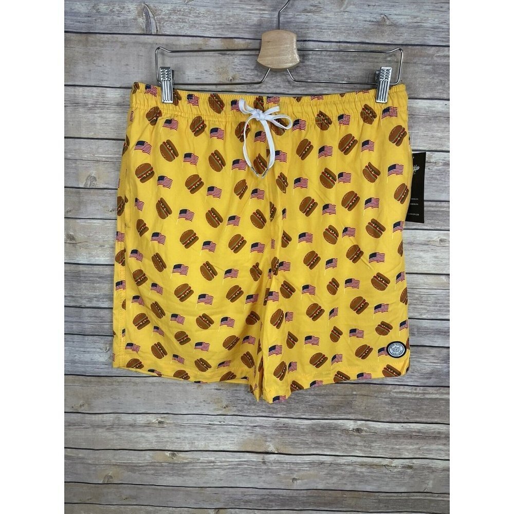 Brooklyn Cloth Large NWT Volley Swim Trunks Kent Ave Hamburger Flag Novelty